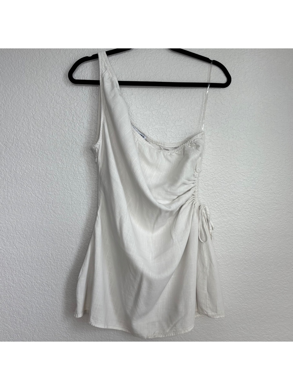 Princess Polly Minimalist White Linen Blend One Shoulder Ruched Mini Dress US 12